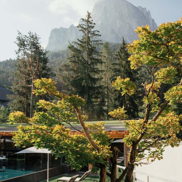 Sensoria Dolomites – Luxury for the Soul Garden with lounge chairs, tree, and mountains in the background on sunny day