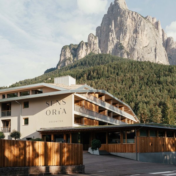 Sensoria Dolomites – Luxury for the Soul SENSORIA Hotel mit Holzfassade vor bewaldetem Berg in den Dolomiten