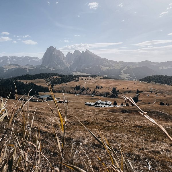 Sensoria Dolomites – Luxury for the Soul Vista di montagne e campi con case di legno sotto un cielo limpido
