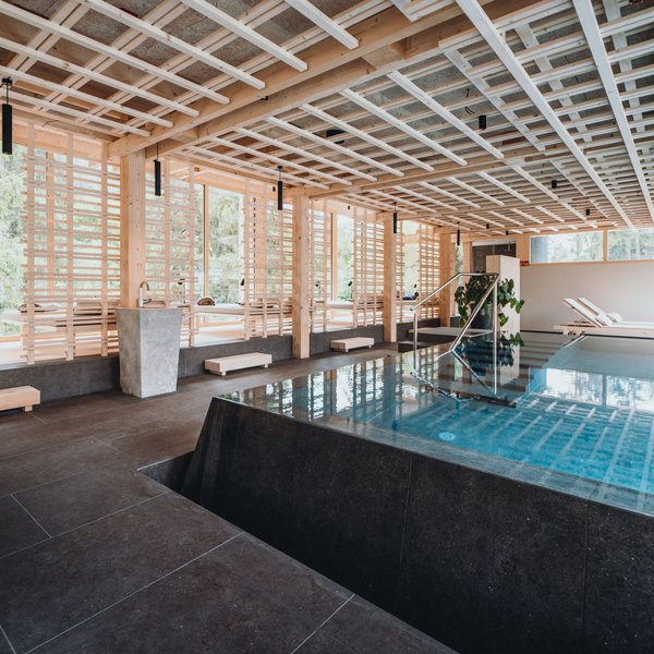 Sensoria Dolomites – Luxury for the Soul Modern spa area with wooden ceiling and infinity pool