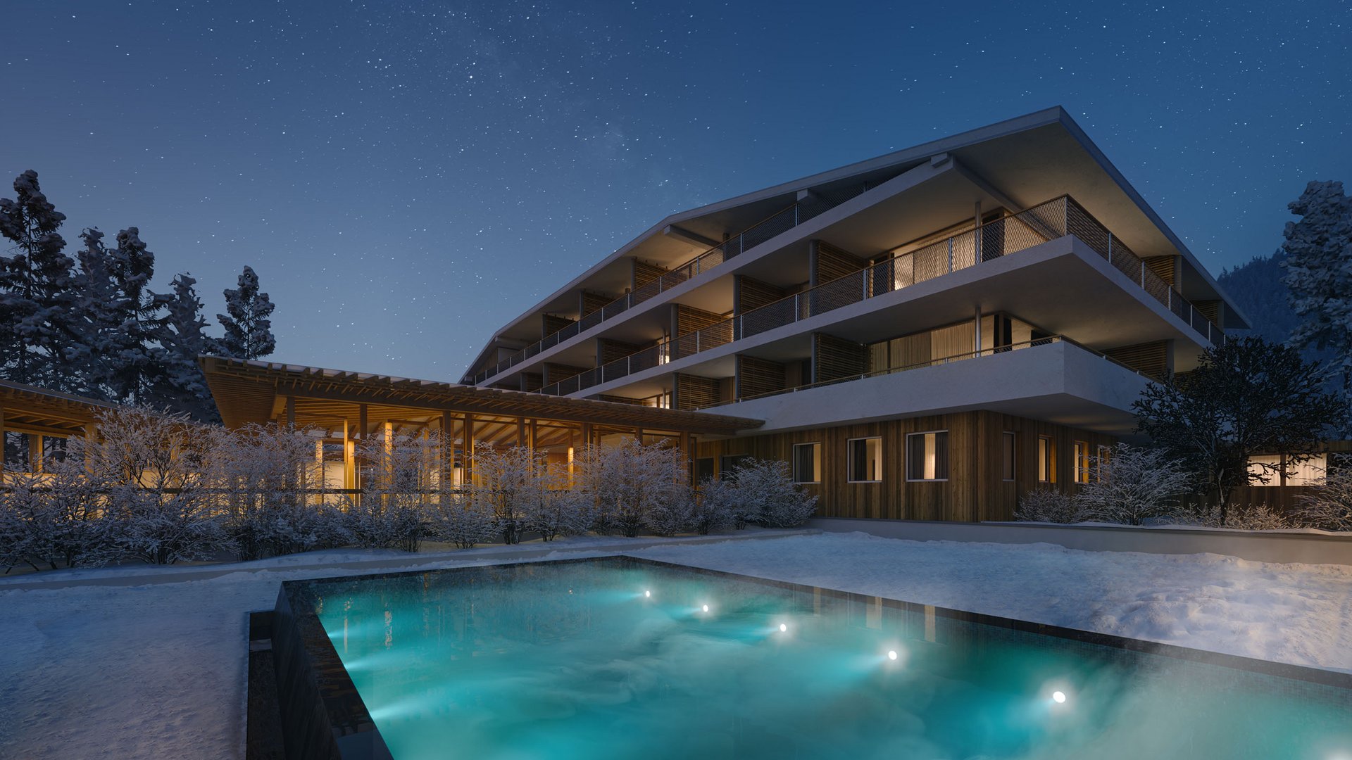 Sensoria Dolomites. Kraftort. Winterzauber. Moderne Unterkunft mit beleuchtetem Pool bei Nacht im verschneiten Gebiet