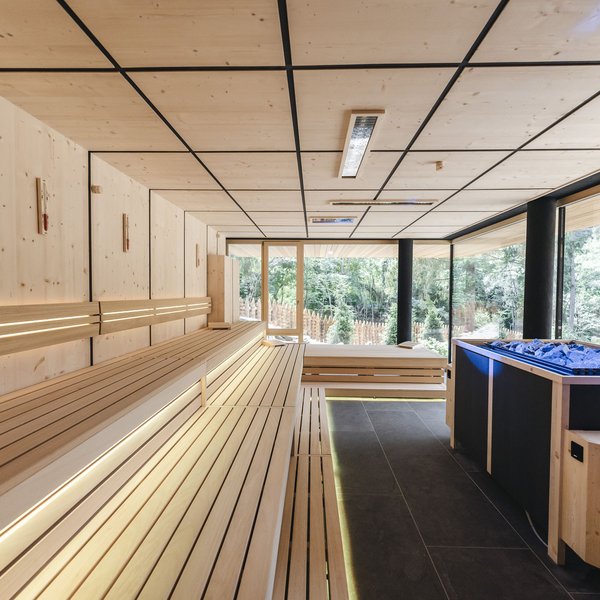 Sensoria Dolomites – Luxury for the Soul Modern wooden sauna room with forest view and sauna heater