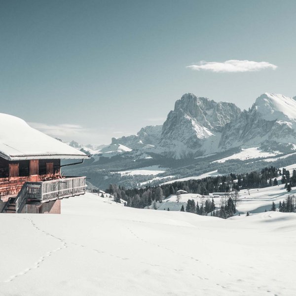 Sensoria Dolomites. Kraftort. Winterzauber. Holzhütte im verschneiten Gebirge mit Bergen im Hintergrund