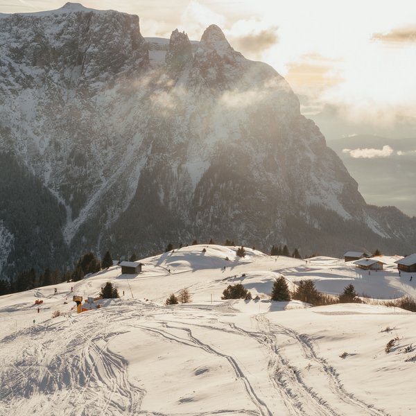 Sensoria Dolomites. Kraftort. Winterzauber. Schneebedeckte Alpenlandschaft mit Skispuren und Bergen im Sonnenlicht