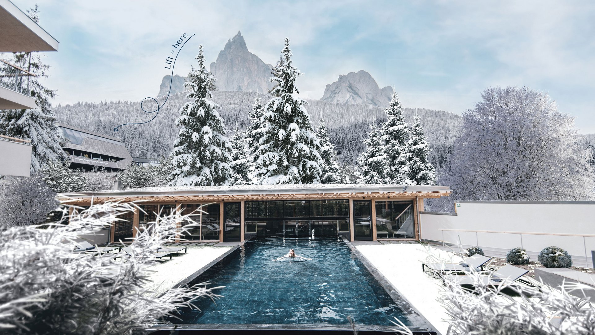Sensoria Dolomites. Kraftort. Winterzauber. Winterlicher Pool mit Person, schneebedeckte Bäume und Berge im Hintergrund