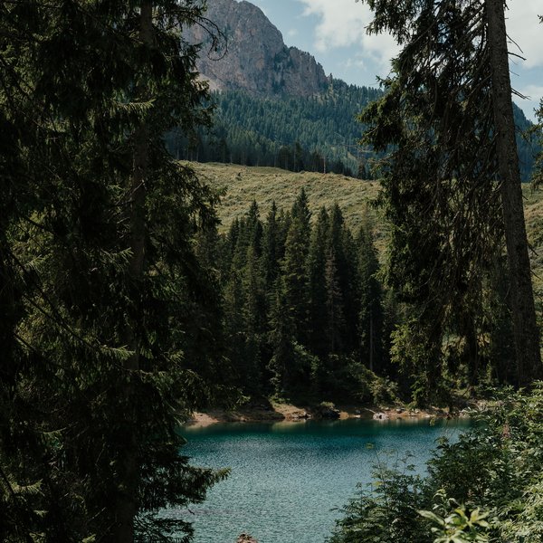 Sensoria Dolomites – Luxury for the Soul Mountain lake surrounded by pine trees and hills under a cloudy sky